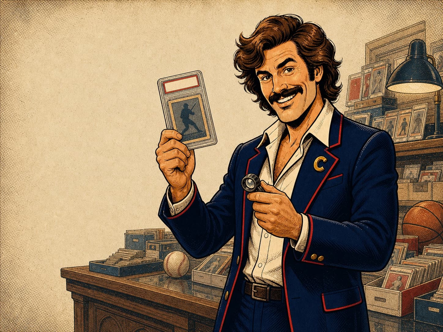 Trader Chuck holding a graded sports card at his trading counter